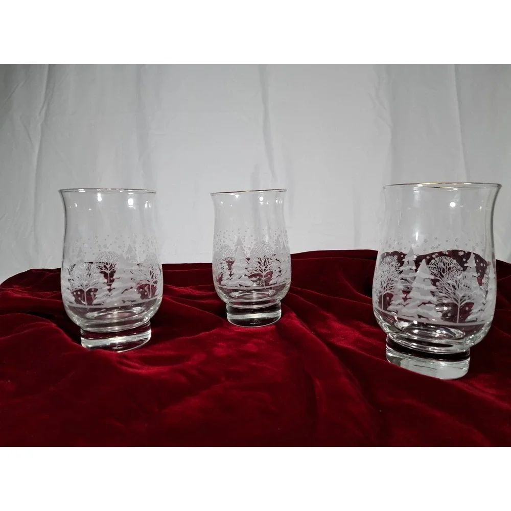 Set of 3 Winter Forest Frosted Glass Votive Candle Holders Gold Rim Christmas